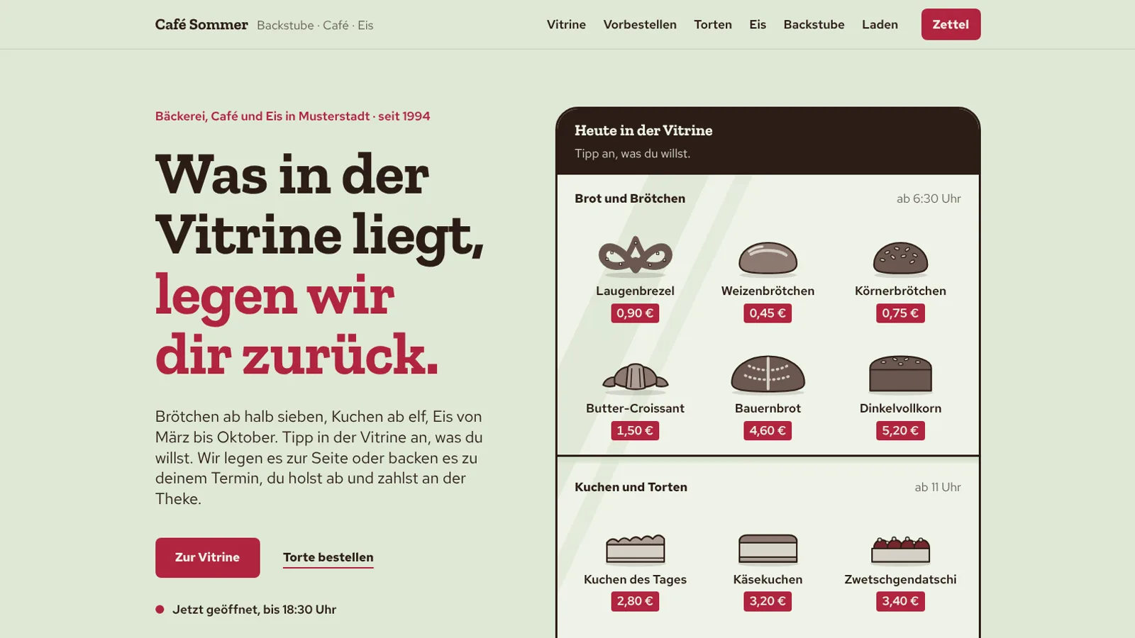Einstieg der Beispielseite: daneben eine gezeichnete Vitrine mit Brot, Brötchen und Kuchen, jedes mit Preisschild